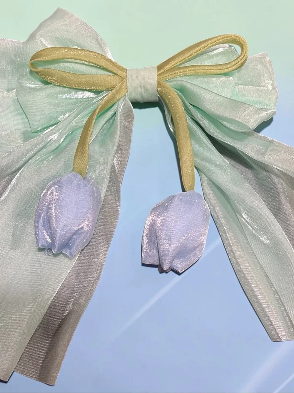 Pastel Green Ribbon Hair Bow Clip with Lilac Accents
